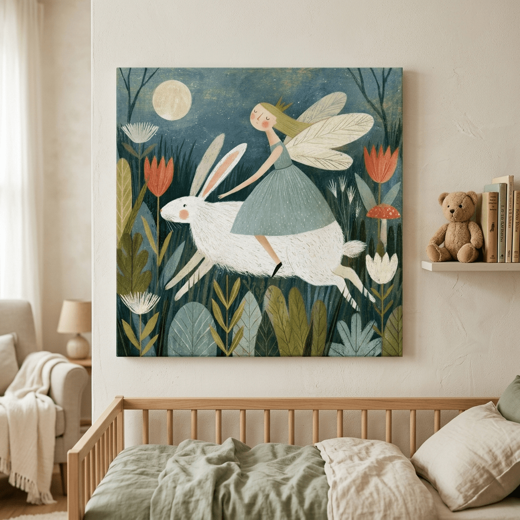 Fairy Riding a White Rabbit Canvas Wall Art for Kids - KIDSROOM WALL ART