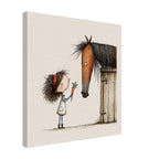 A square canvas wall art print featuring a whimsical illustration of a young girl with messy dark hair holding a carrot next to a brown horse at a wooden stable, shown against a plain white background.