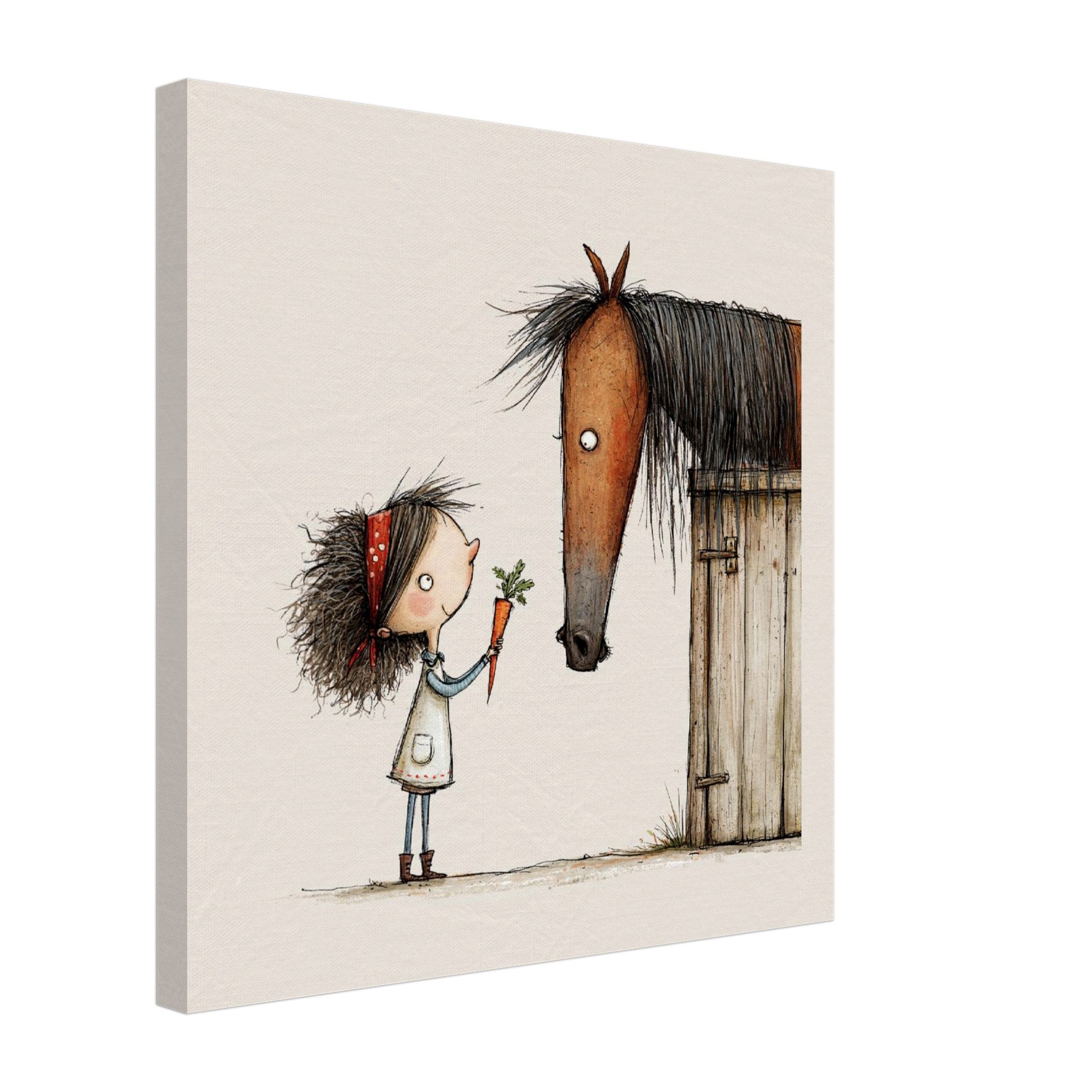 A square canvas wall art print featuring a whimsical illustration of a young girl with messy dark hair holding a carrot next to a brown horse at a wooden stable, shown against a plain white background.