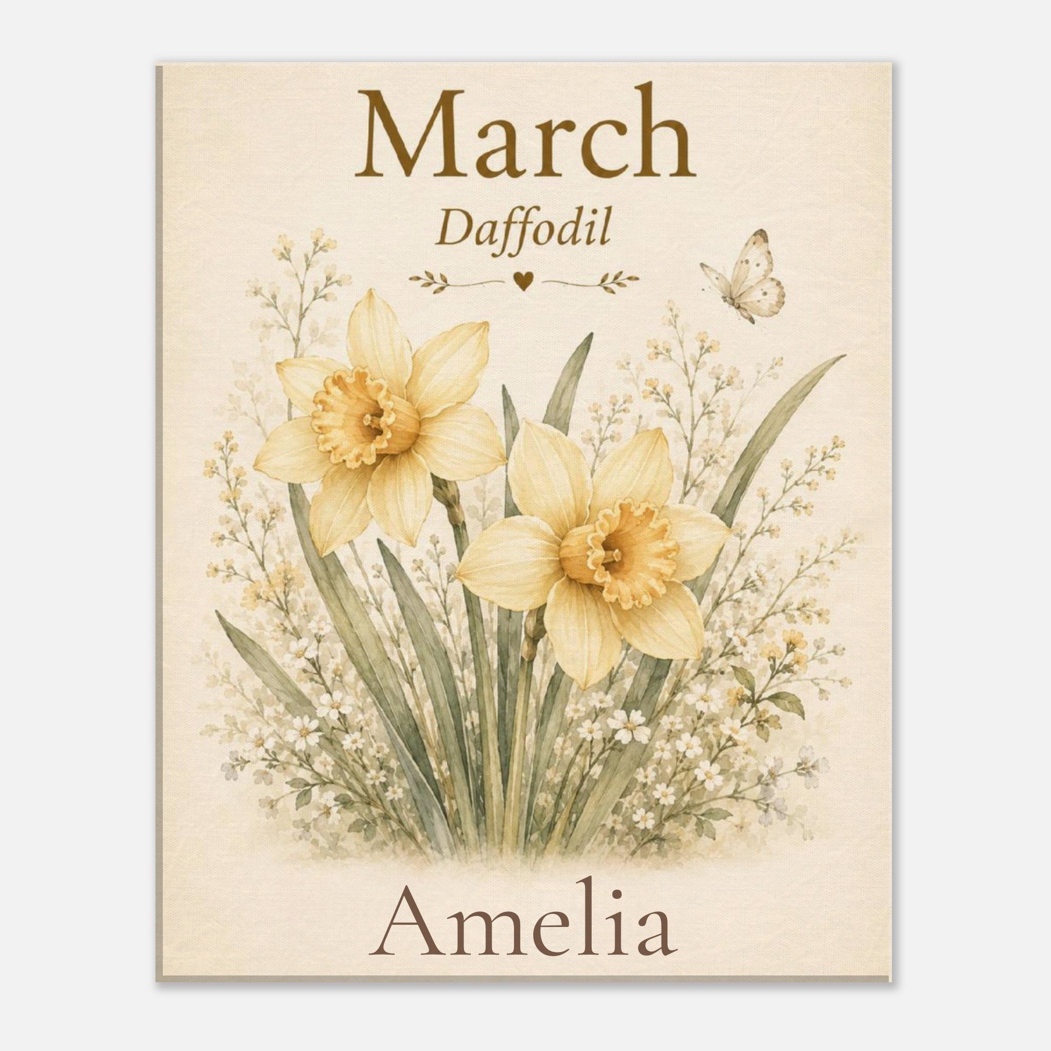 A personalized botanical art print featuring yellow daffodils and white filler flowers on a cream background, with the text 'March Daffodil' at the top and 'Amelia' at the bottom.