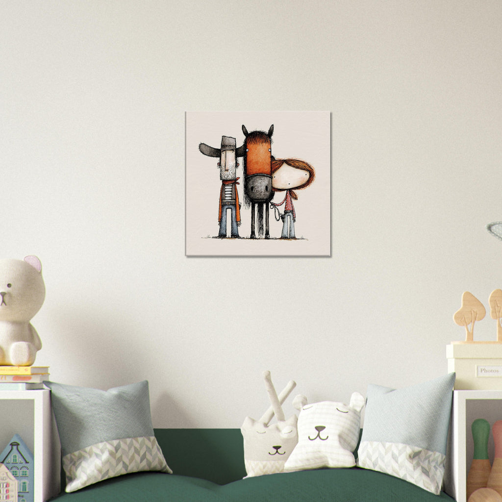 A framed wall art print featuring three whimsical animal-like figures in muted orange, gray, black, and white tones, displayed above a green sofa in a styled children's room.