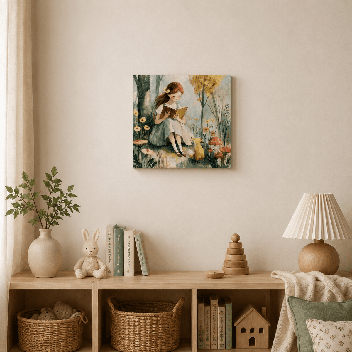 Girl Reading with Fox Canvas Wall Art for Kids - KIDSROOM WALL ART
