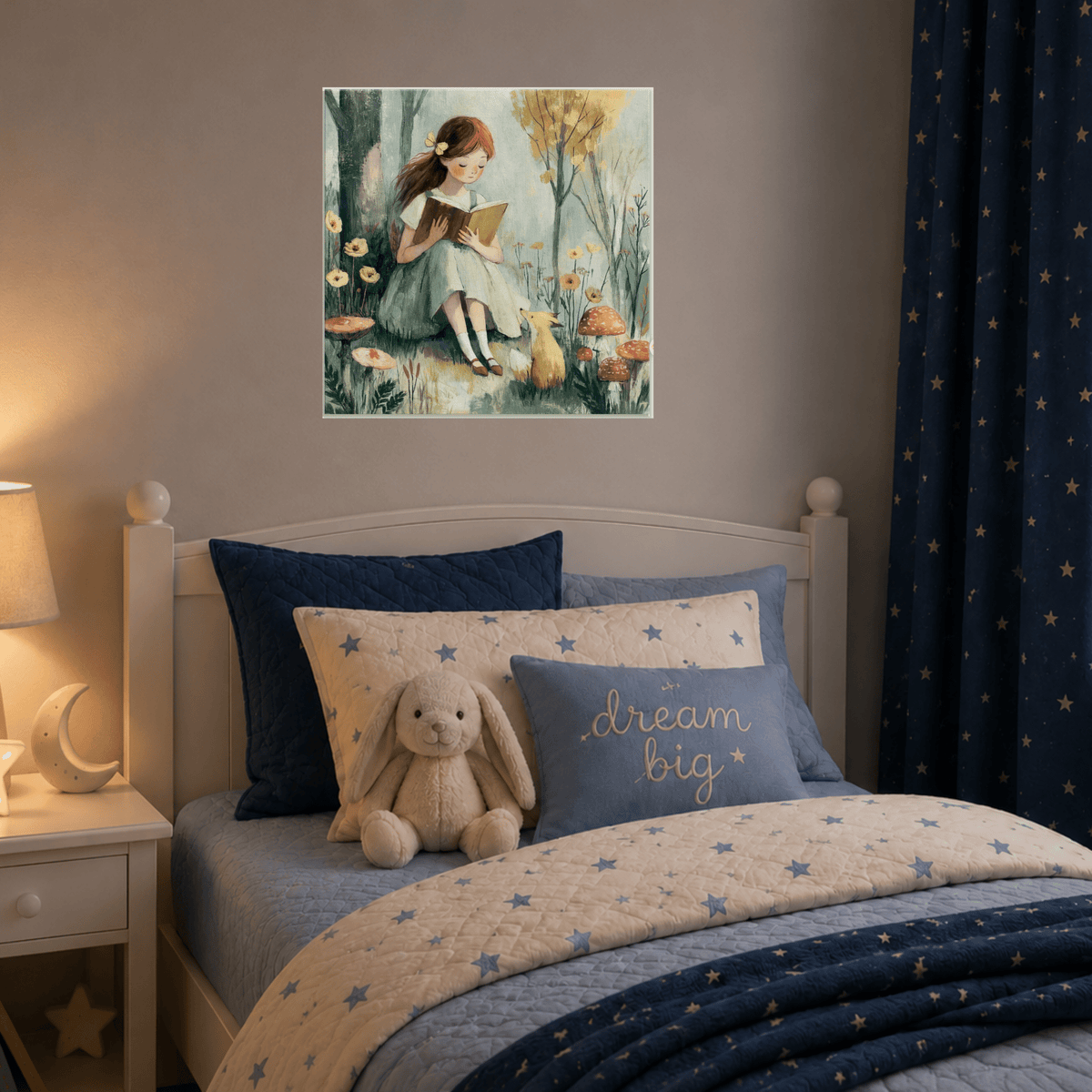 Girl Reading with Fox Canvas Wall Art for Kids - KIDSROOM WALL ART