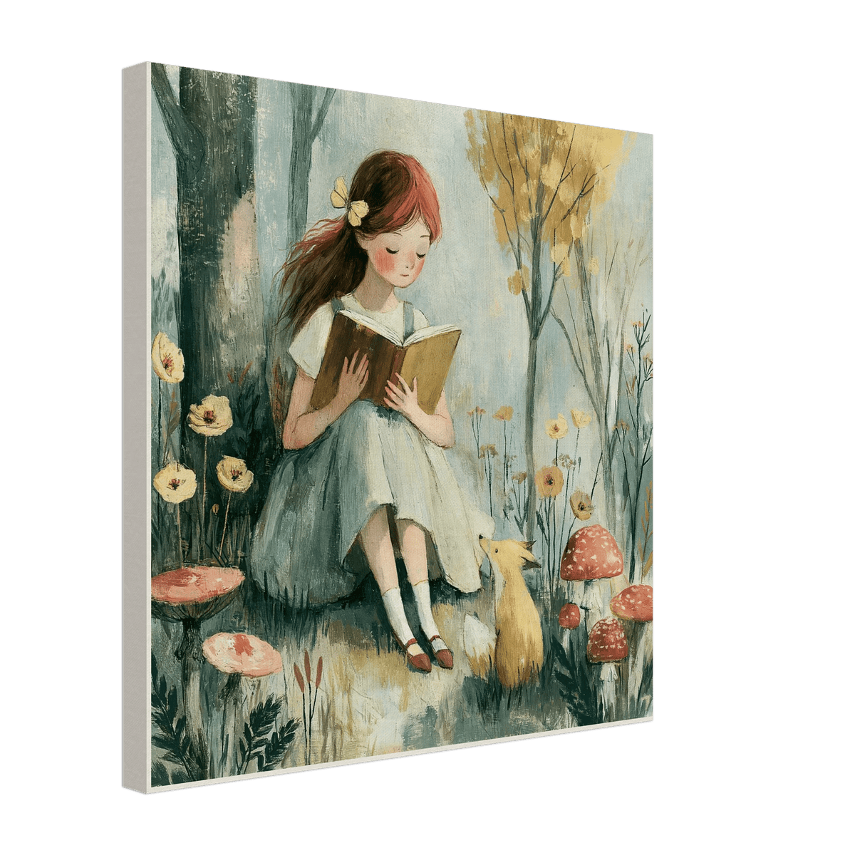 Girl Reading with Fox Canvas Wall Art for Kids - KIDSROOM WALL ART