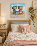 Robot Friends in the Meadow Canvas Wall Art - KIDSROOM WALL ART