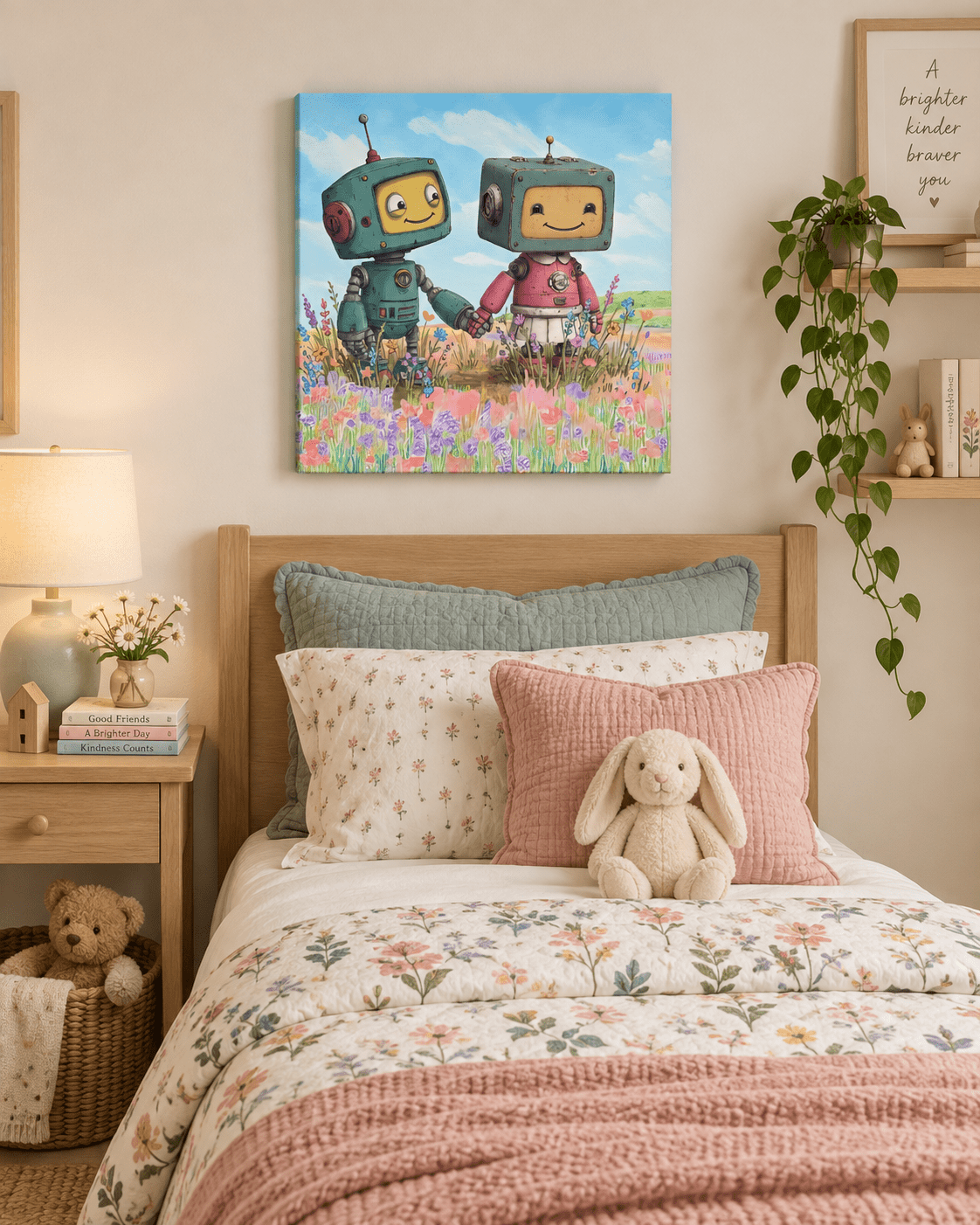 Robot Friends in the Meadow Canvas Wall Art - KIDSROOM WALL ART