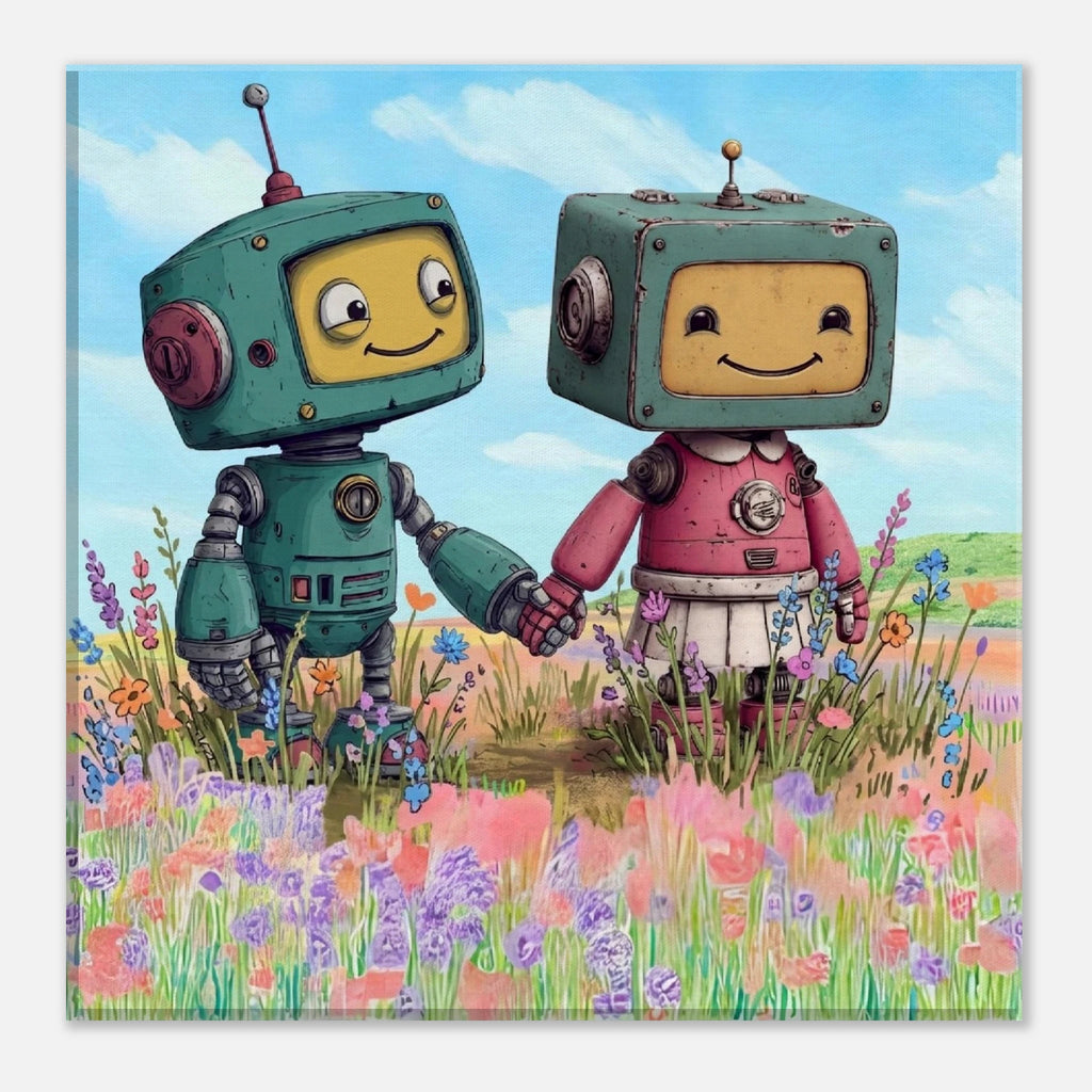 Robot Friends in the Meadow Canvas Wall Art - KIDSROOM WALL ART
