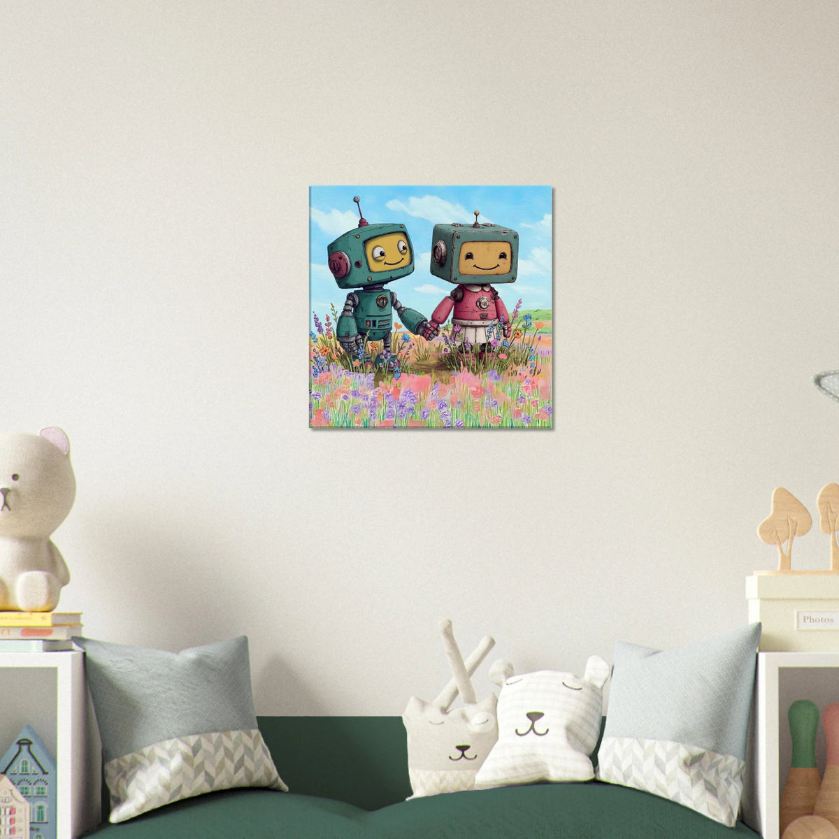 Robot Friends in the Meadow Canvas Wall Art - KIDSROOM WALL ART