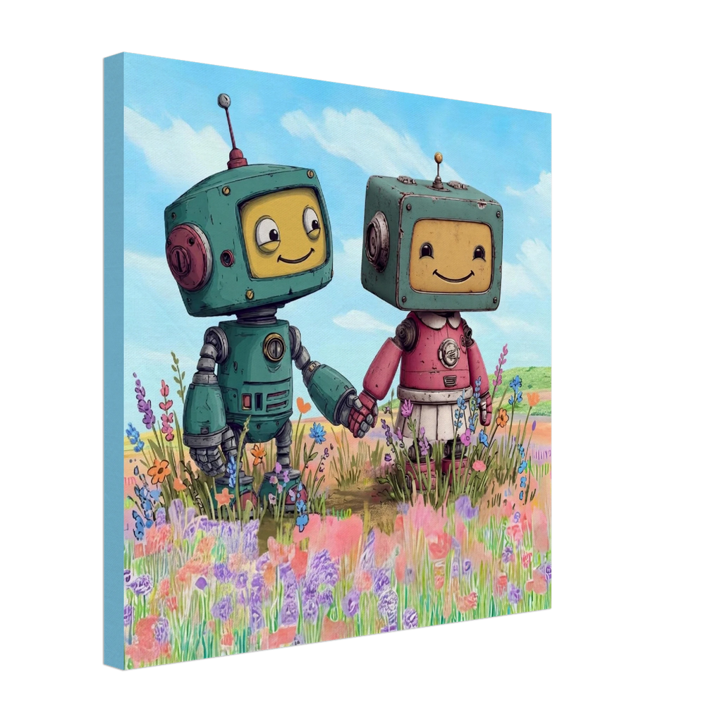 Robot Friends in the Meadow Canvas Wall Art - KIDSROOM WALL ART