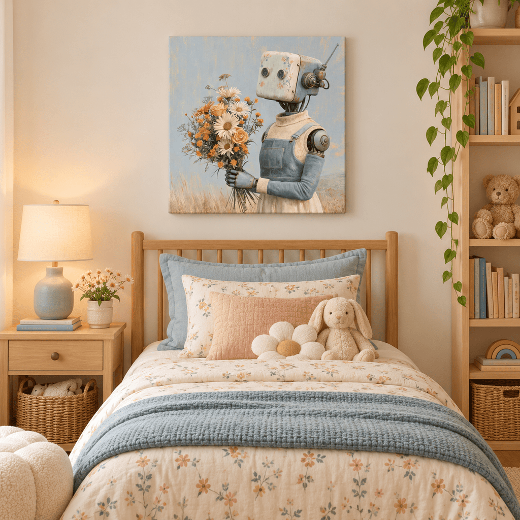 Vintage Flower Robot Canvas Wall Art - KIDSROOM WALL ART