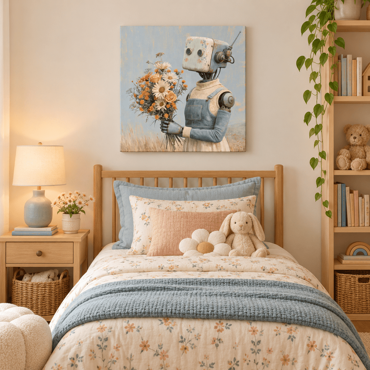 Vintage Flower Robot Canvas Wall Art - KIDSROOM WALL ART