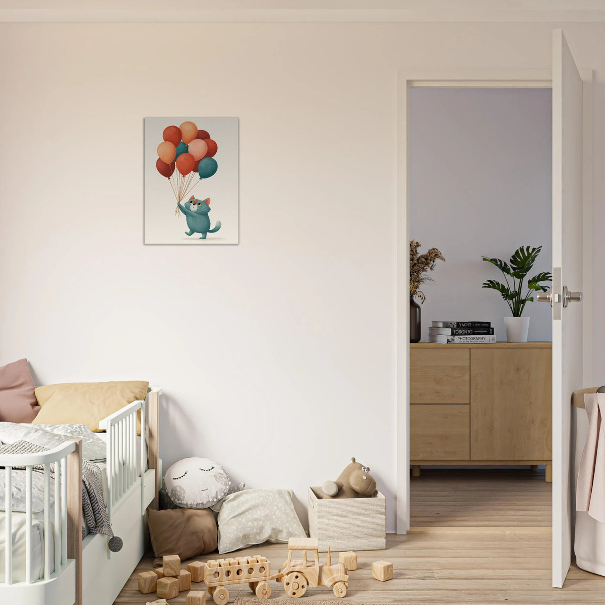 Whimsical Cat with Balloons Canvas Wall Art - KIDSROOM WALL ART